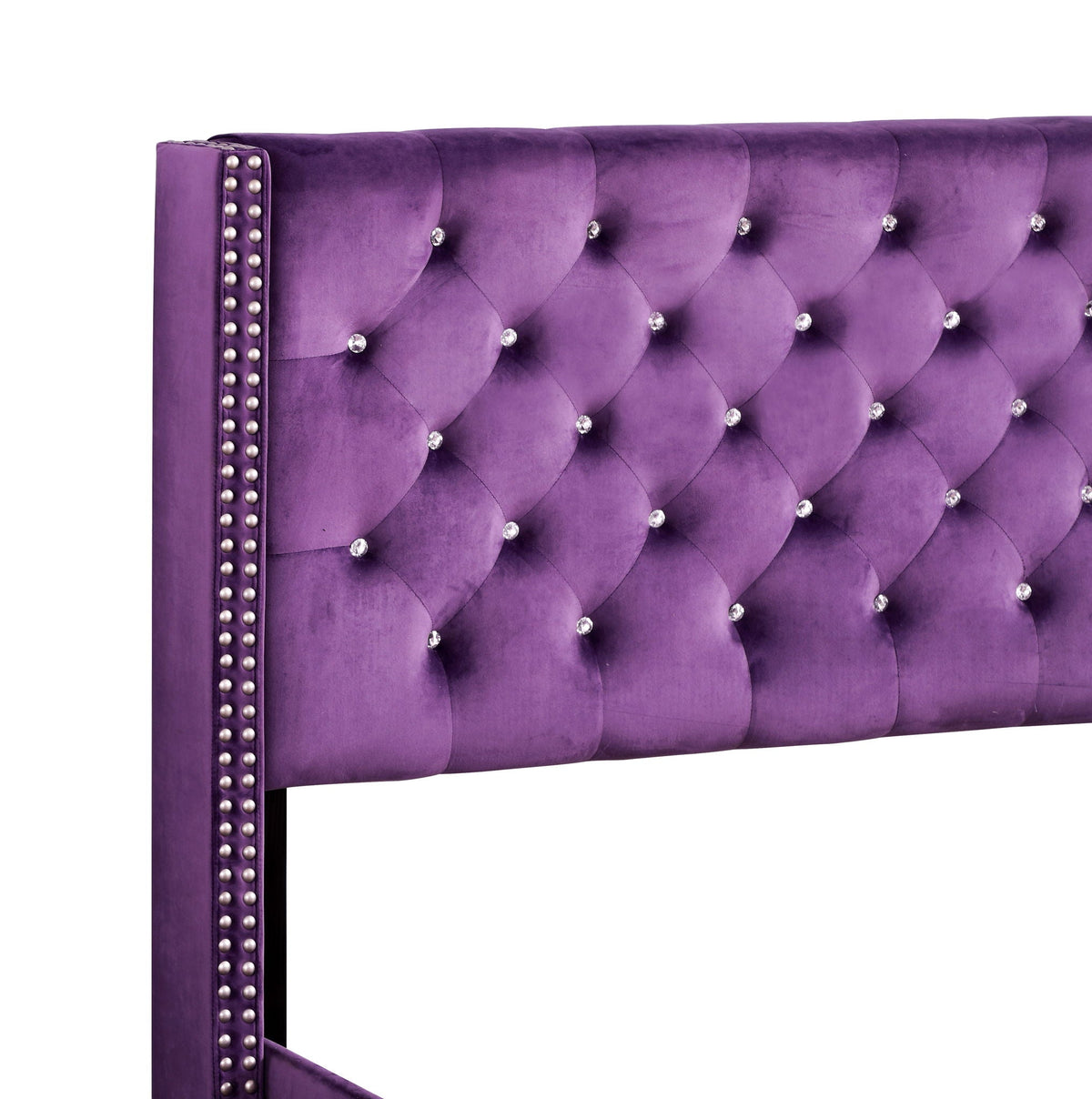 Upholstered purple headboard with diamond tufting and crystal buttons, nailhead trim along edge on Tampa Home & Garden Store