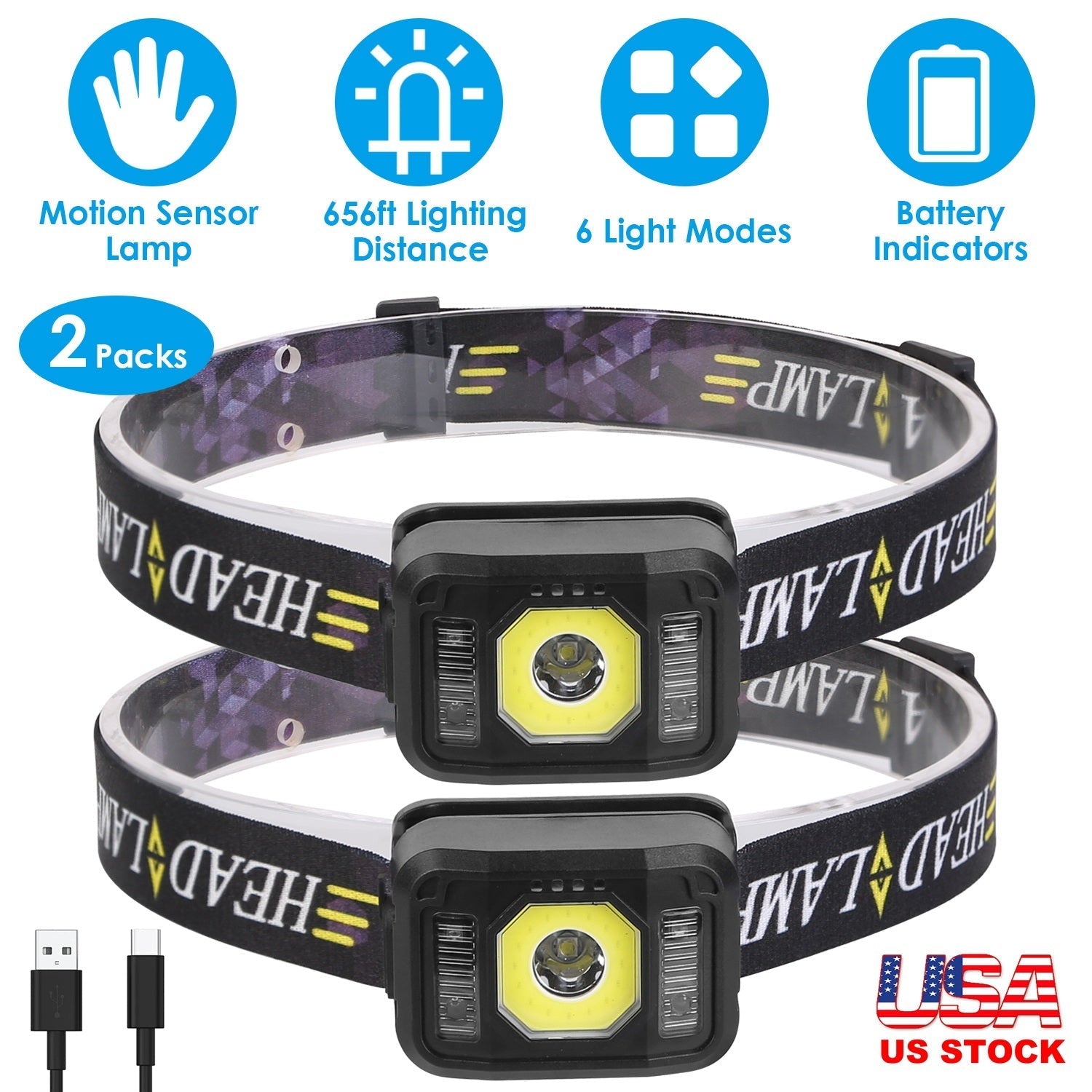 2-Pack GemGear black motion-sensor headlamp with COB/XPG LED, 6 light modes, USB charging on Tampa Home & Garden Store