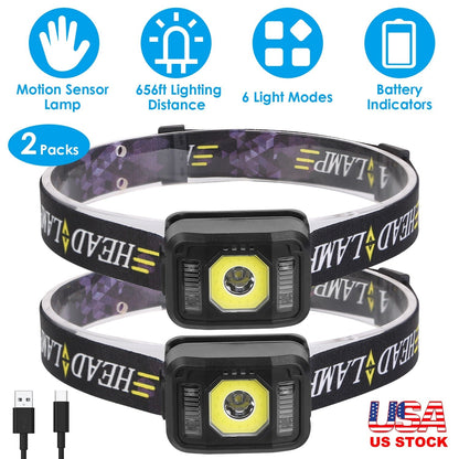 2-Pack GemGear black motion-sensor headlamp with COB/XPG LED, 6 light modes, USB charging on Tampa Home & Garden Store
