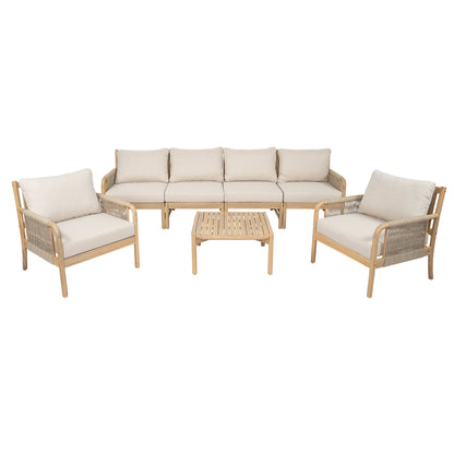 Casper Outdoor 6-Seater Sofa and Coffee Table Set with beige cushions on a natural wood frame on Tampa Home & Garden Store