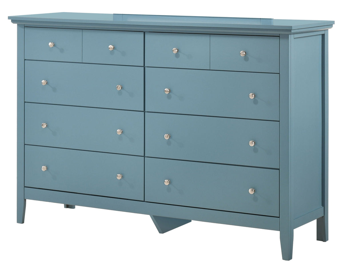 Elegant casual dresser in light blue with multiple drawers and silver knobs on Tampa Home & Garden Store