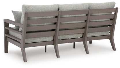 Hillside Barn sofa with cushion gray/brown fabric on wooden slat frame on Tampa Home & Garden Store