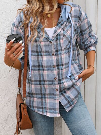 Plaid buttoned long sleeve hooded jacket for women, blue cotton-blend outerwear by Stevvex on Tampa Home & Garden Store