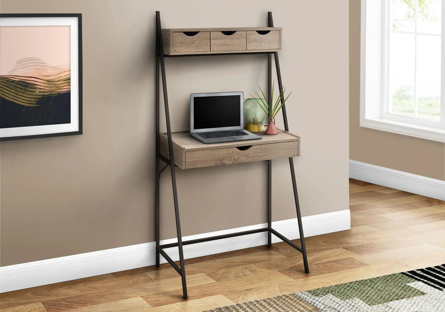 Computer desk with lean black metal frame and light woodgrain drawers, three top drawers on Tampa Home & Garden Store