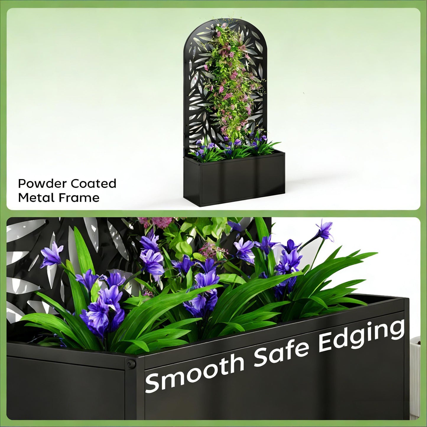 Curved raised garden bed with powder-coated metal frame by HouseOfZazla featuring leaf trellis on Tampa Home & Garden Store