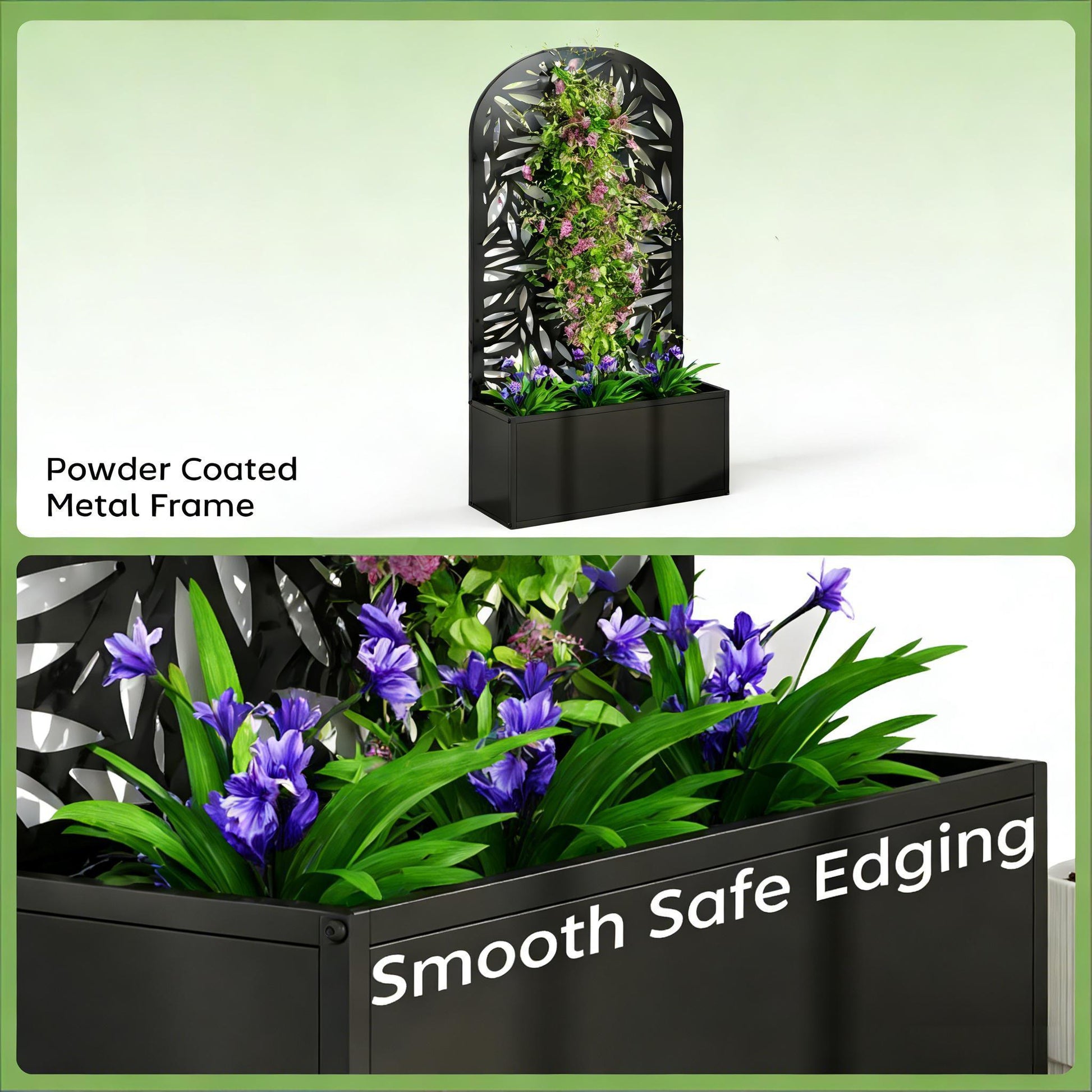 Curved raised garden bed with powder-coated metal frame by HouseOfZazla featuring leaf trellis on Tampa Home & Garden Store