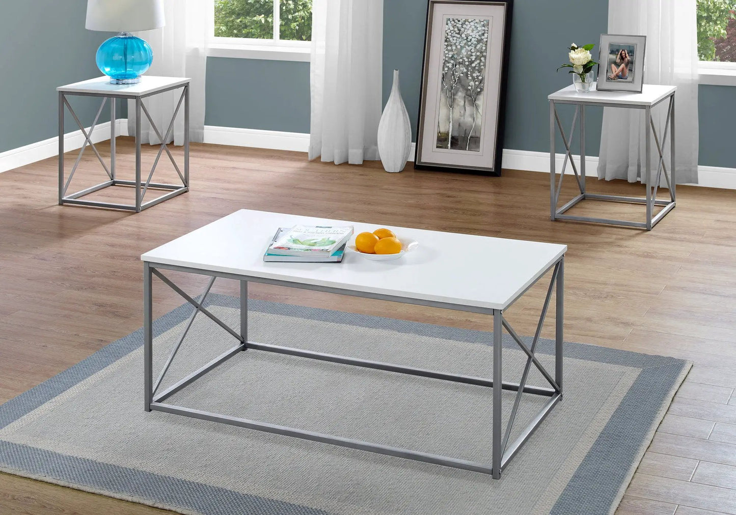 Table set of 3: coffee, end, and side tables in white with metal X-frame bases, modern decor on Tampa Home & Garden Store