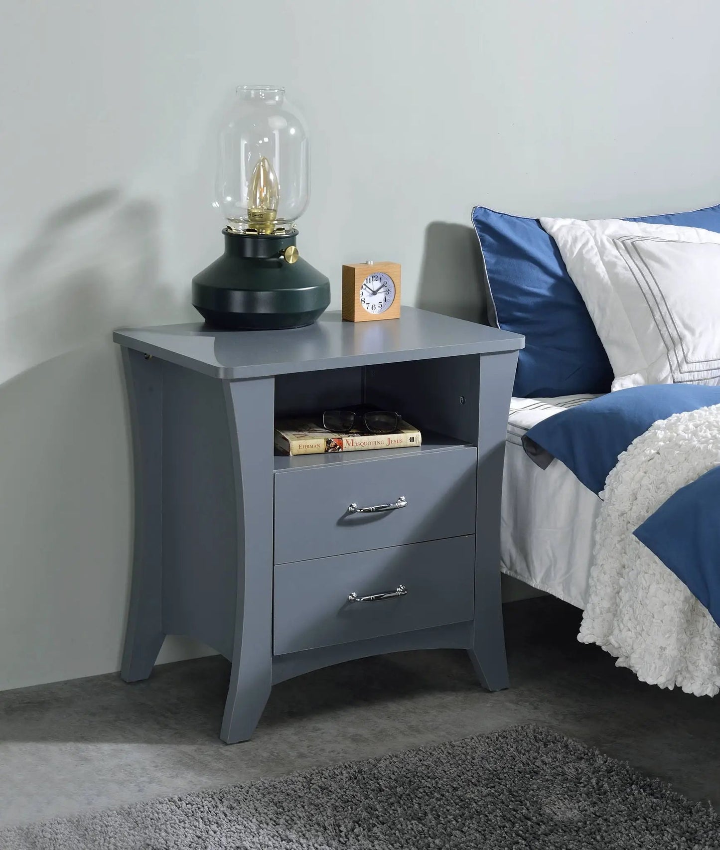 Colt accent table nightstand in gray-blue with two drawers and open shelf, lamp and clock decor on Tampa Home & Garden Store