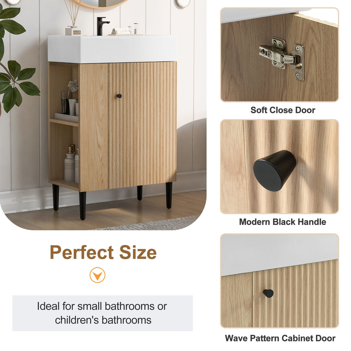 Bathroom vanity with single ceramic sink and side storage, oak finish with black hardware on Tampa Home & Garden Store