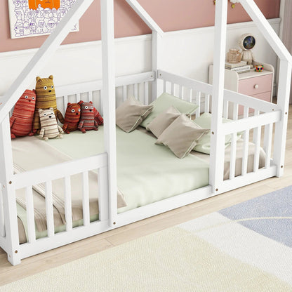 Wood House-Shaped Floor Bed With Fence Guardrails white wood frame mint bedding on Tampa Home & Garden Store