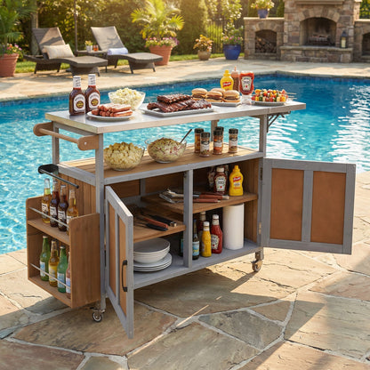 HouseOfZazla Foldable Outdoor Kitchen Island on wheels with metal frame and wood panels on Tampa Home & Garden Store