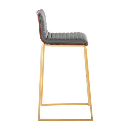 Mason Mara barstool gray upholstered seat with backrest, wood trim and gold legs on Tampa Home & Garden Store