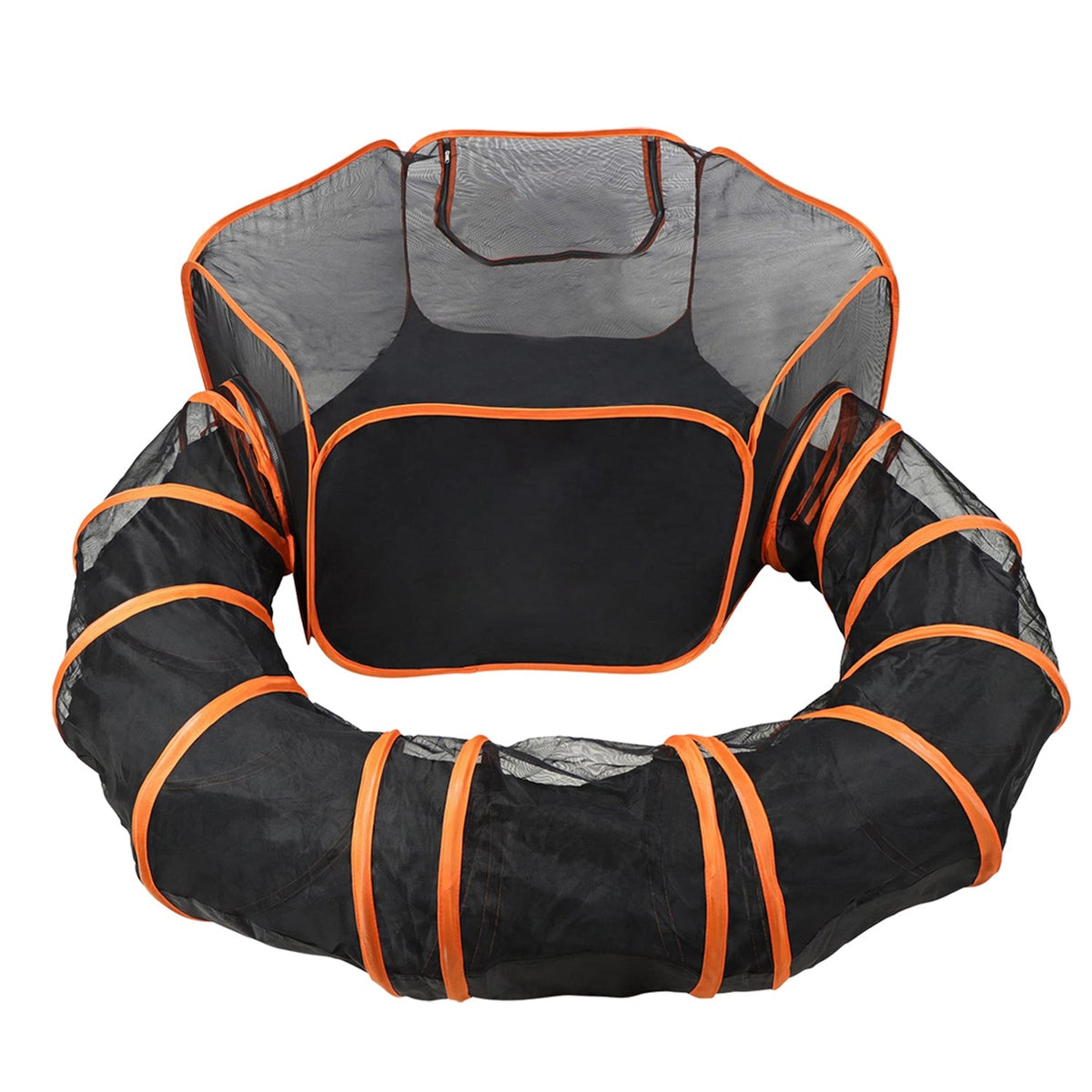 2 in 1 foldable pet play tent with tunnel, black fabric and orange trim by GemGear on Tampa Home & Garden Store