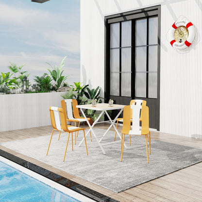 4-piece outdoor dining set with striped yellow and white folding chairs and square table by pool on Tampa Home & Garden Store
