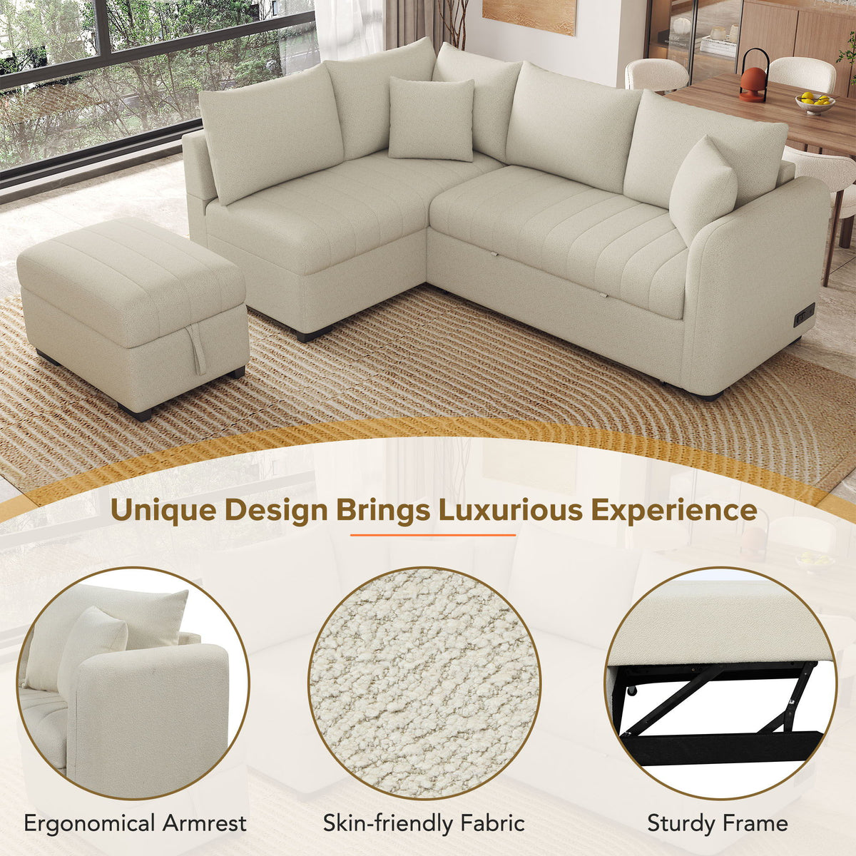 Beige L-shaped sleeper sofa with movable storage ottoman; two USB ports and two power sockets on Tampa Home & Garden Store