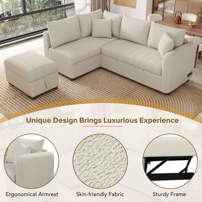 Beige L-shaped sleeper sofa with movable storage ottoman; two USB ports and two power sockets on Tampa Home & Garden Store