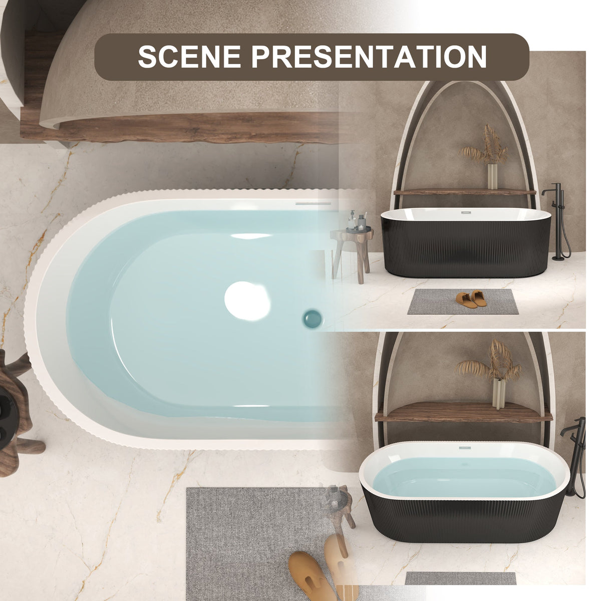 67 Inch linear acrylic freestanding tub white by HouseOfZazla with two bathtubs shown in a modern bathroom on Tampa Home & Garden Store