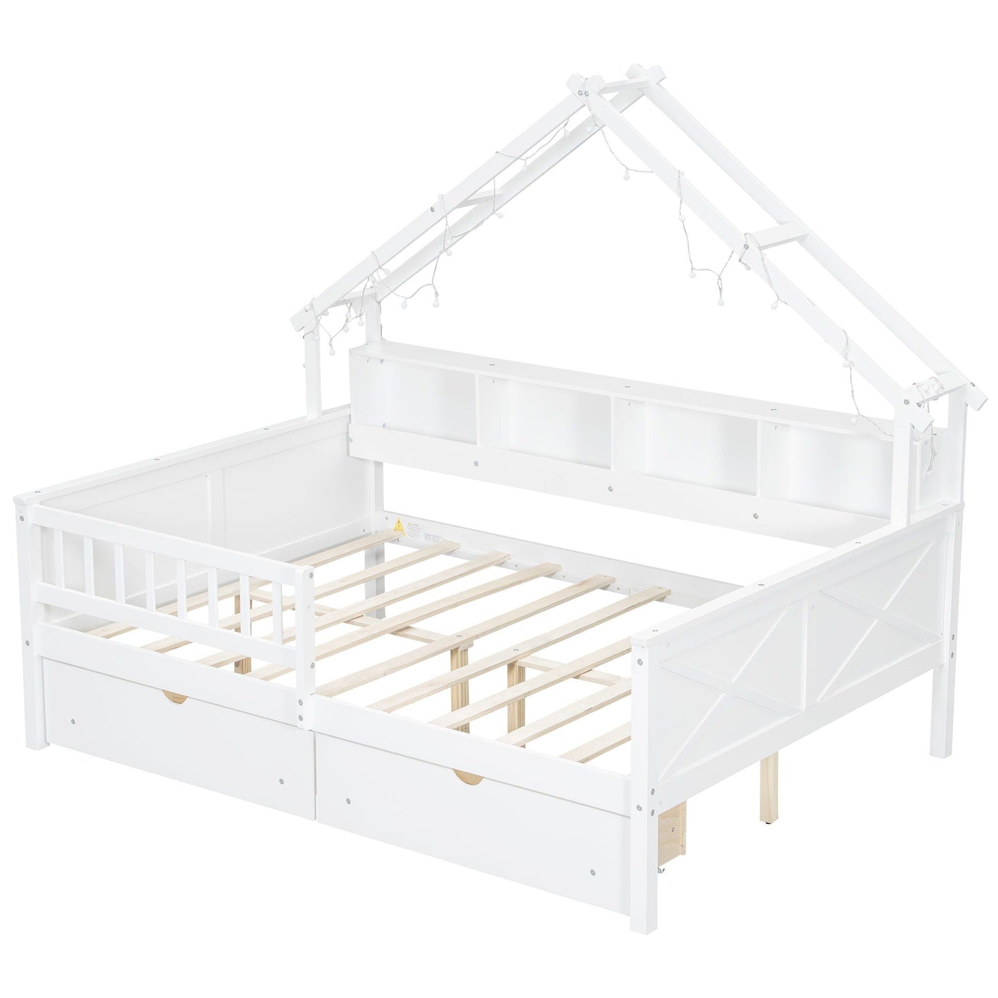 House Style Platform Bed with LED lights, white finish, storage drawers and guardrails on Tampa Home & Garden Store