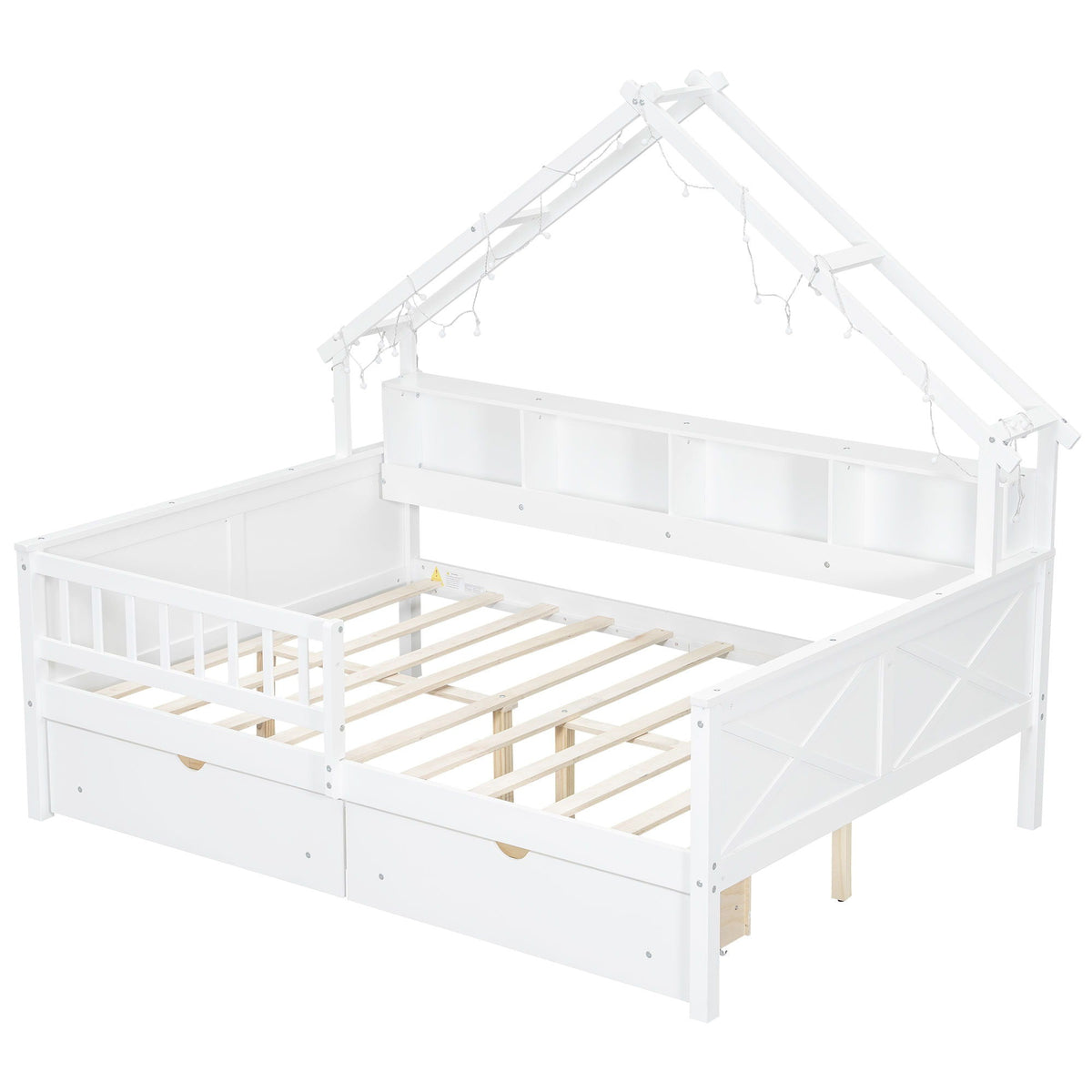 House Style Platform Bed with LED lights, white finish, storage drawers and guardrails on Tampa Home & Garden Store