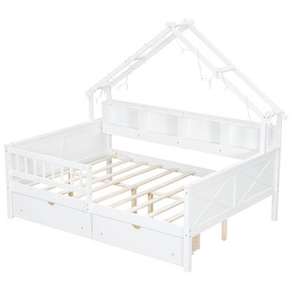 House Style Platform Bed with LED lights, white finish, storage drawers and guardrails on Tampa Home & Garden Store
