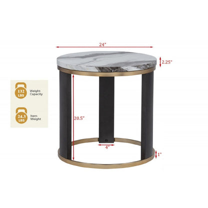Round end table with faux marble top gold trim and black legs by HouseOfZazla on Tampa Home & Garden Store