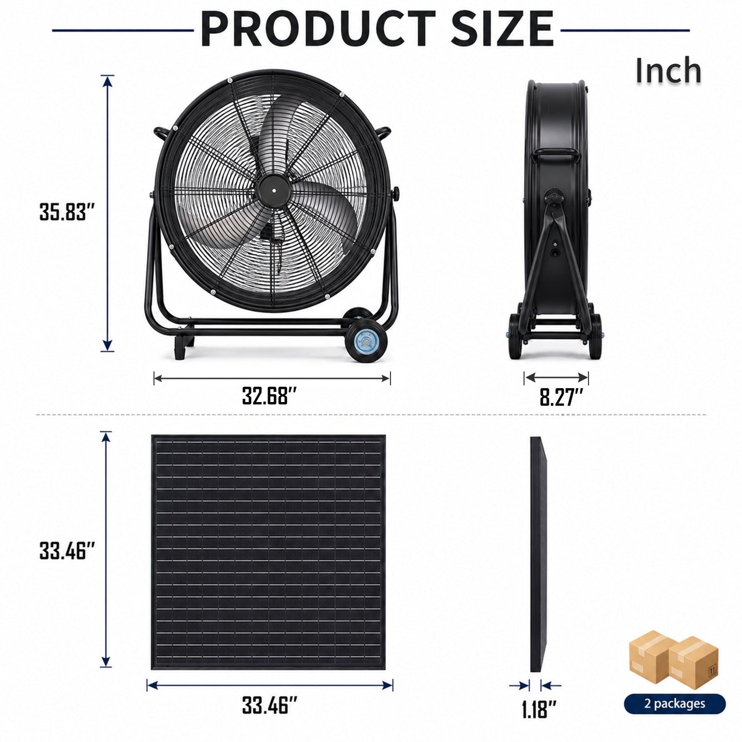 30in Wheeled Solar Fan with 140W monocrystalline solar panel, black fan on wheeled stand on Tampa Home & Garden Store