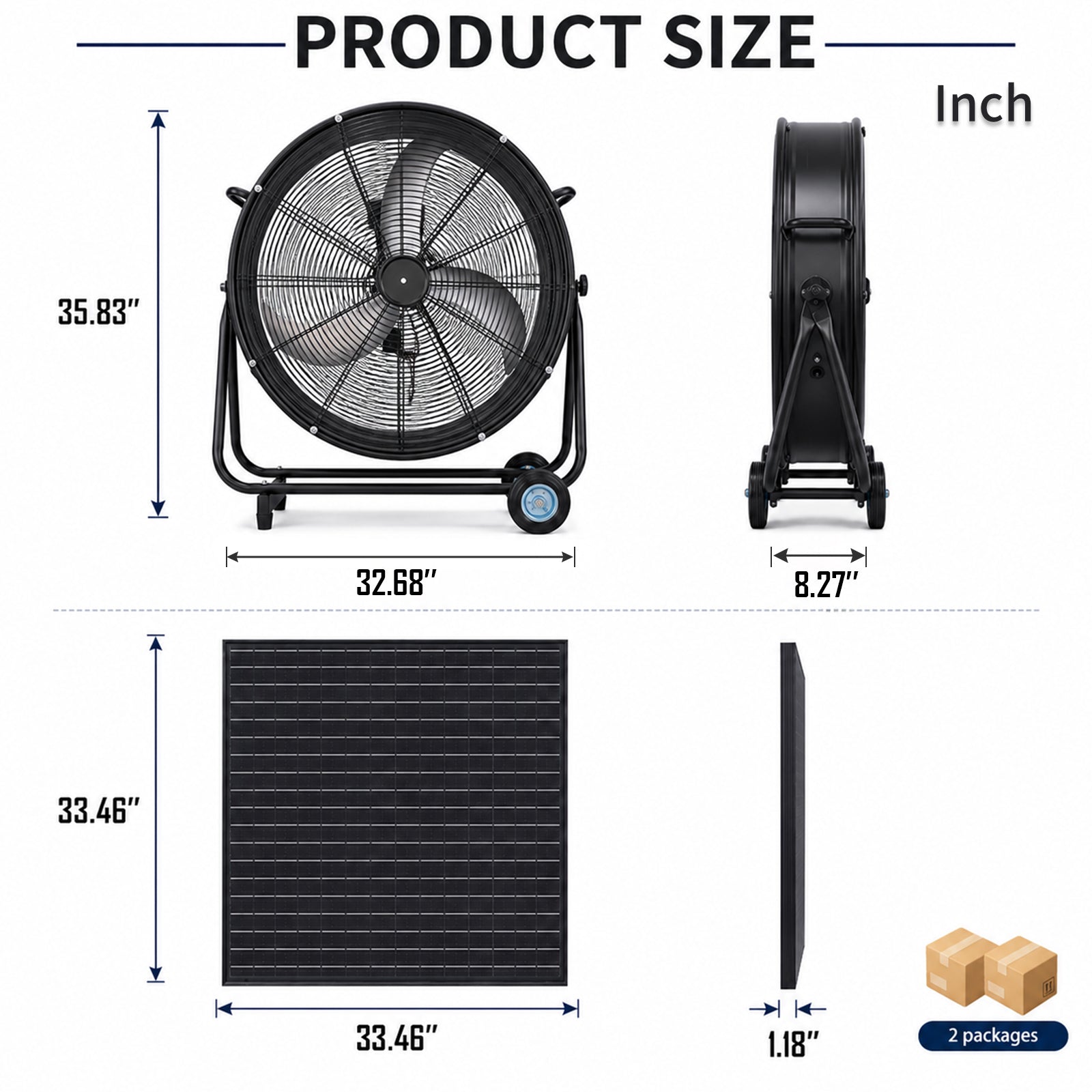 30in Wheeled Solar Fan with 140W monocrystalline solar panel, black fan on wheeled stand on Tampa Home & Garden Store