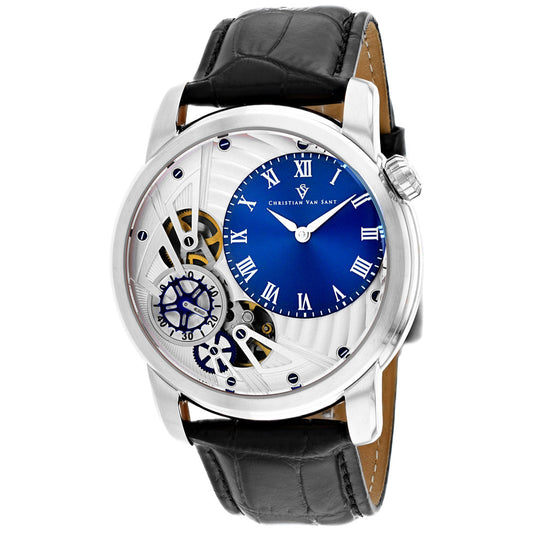 Men's sprocket auto-quartz watch by Christian Van Sant with blue dial black leather strap on Tampa Home & Garden Store