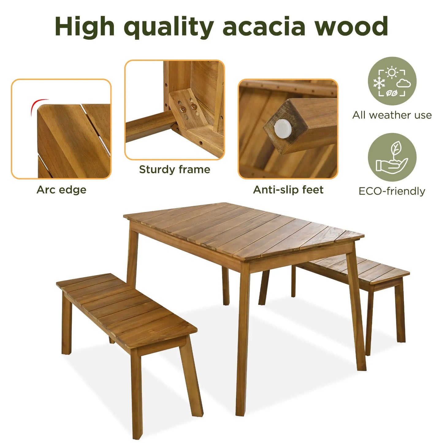 3 Piece Acacia Wood Outdoor Dining Set with slatted table and two benches in natural finish on Tampa Home & Garden Store