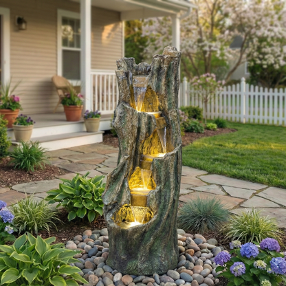 Waterfall fountain with stacked stone design and warm LED glow for outdoors by HouseOfZazla on Tampa Home & Garden Store