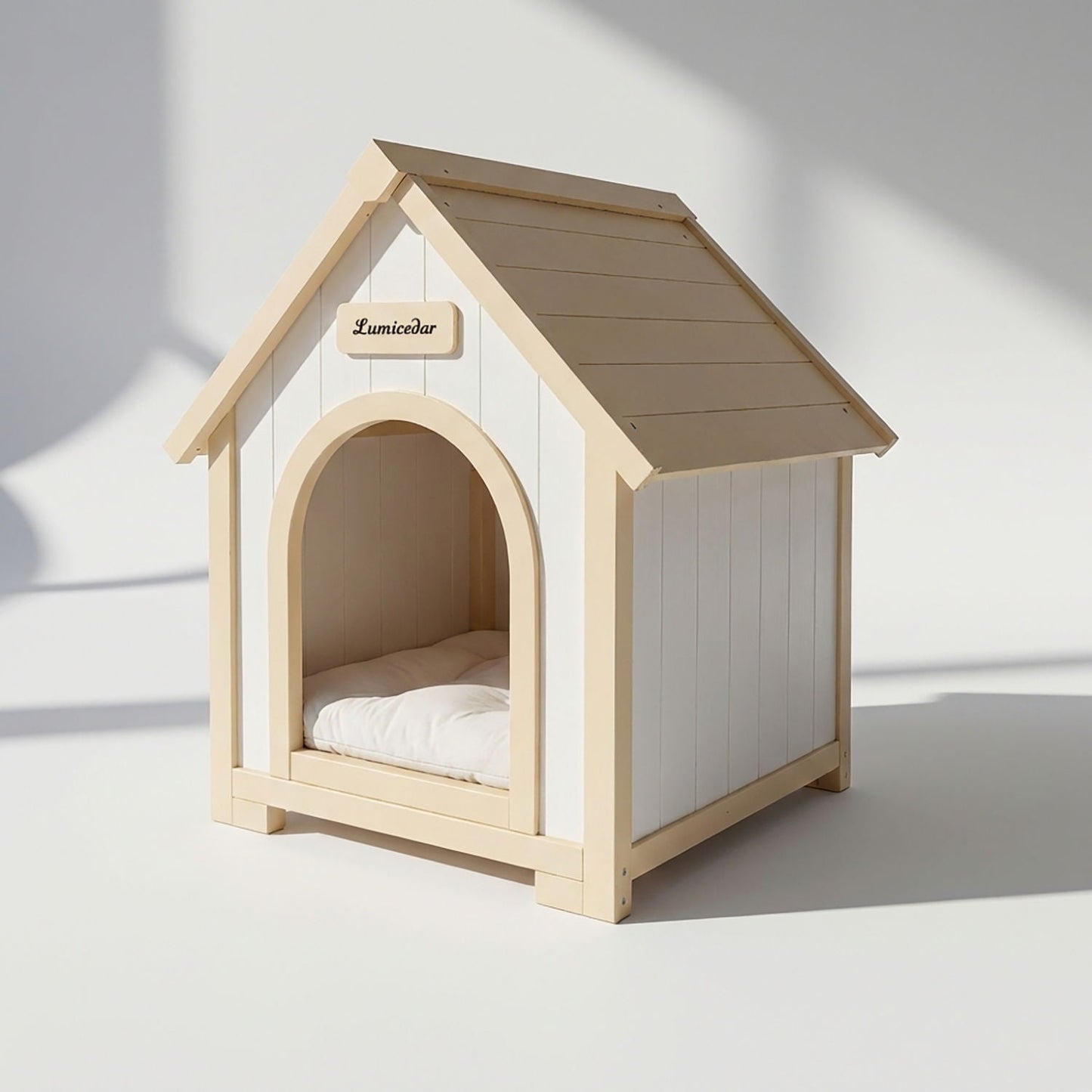Indoor Dog House with Cushion by HouseOfZazla creamy white and yellow wood dog house arch entry on Tampa Home & Garden Store