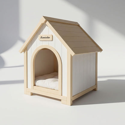 Indoor Dog House with Cushion by HouseOfZazla creamy white and yellow wood dog house arch entry on Tampa Home & Garden Store
