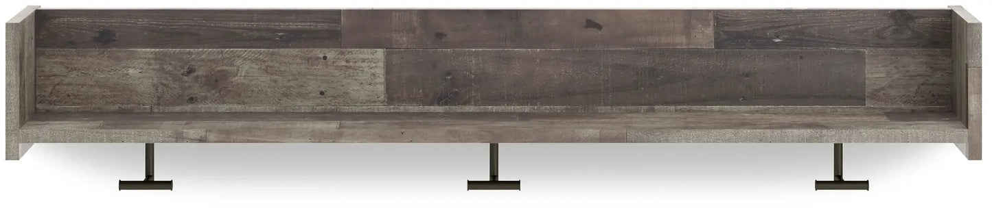 Neilsville wall mounted coat rack in rustic patchwork wood tones with metal supports on Tampa Home & Garden Store