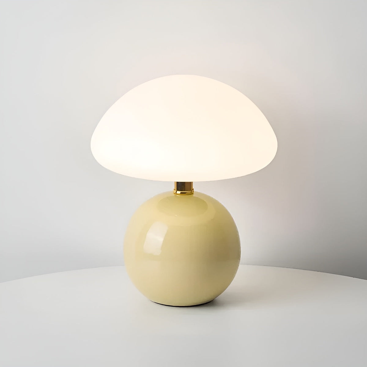 Moktan Sabai USB mushroom lamp with white dome shade on beige spherical base, table lamp on Tampa Home & Garden Store