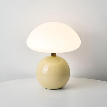 Moktan Sabai USB mushroom lamp with white dome shade on beige spherical base, table lamp on Tampa Home & Garden Store