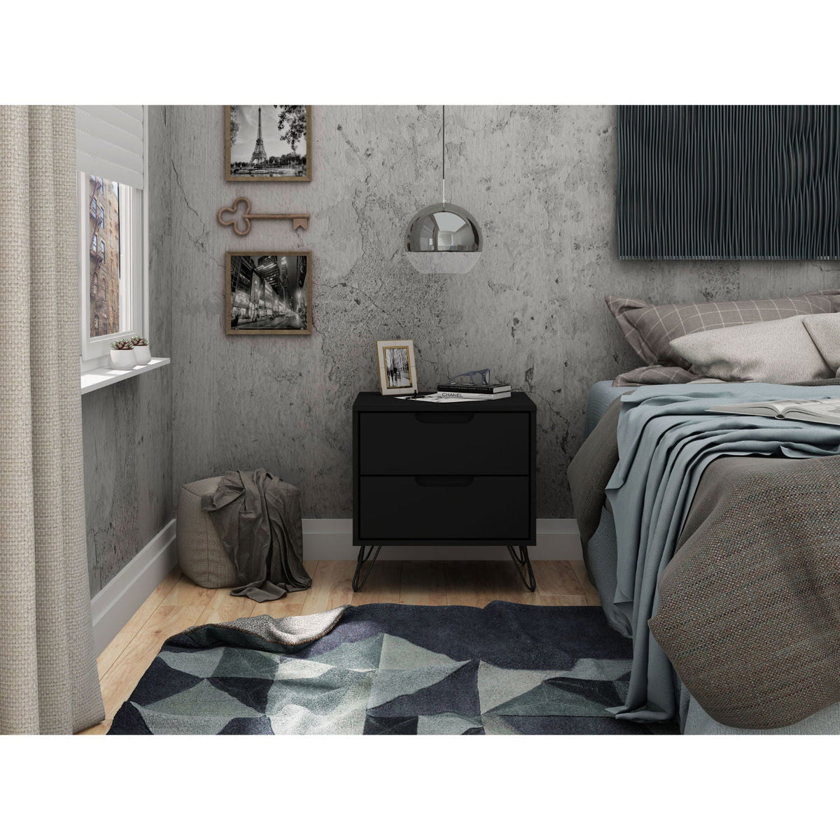 2 Drawer Nightstand in black with splayed metal legs, bedside table with photo frame and books on Tampa Home & Garden Store