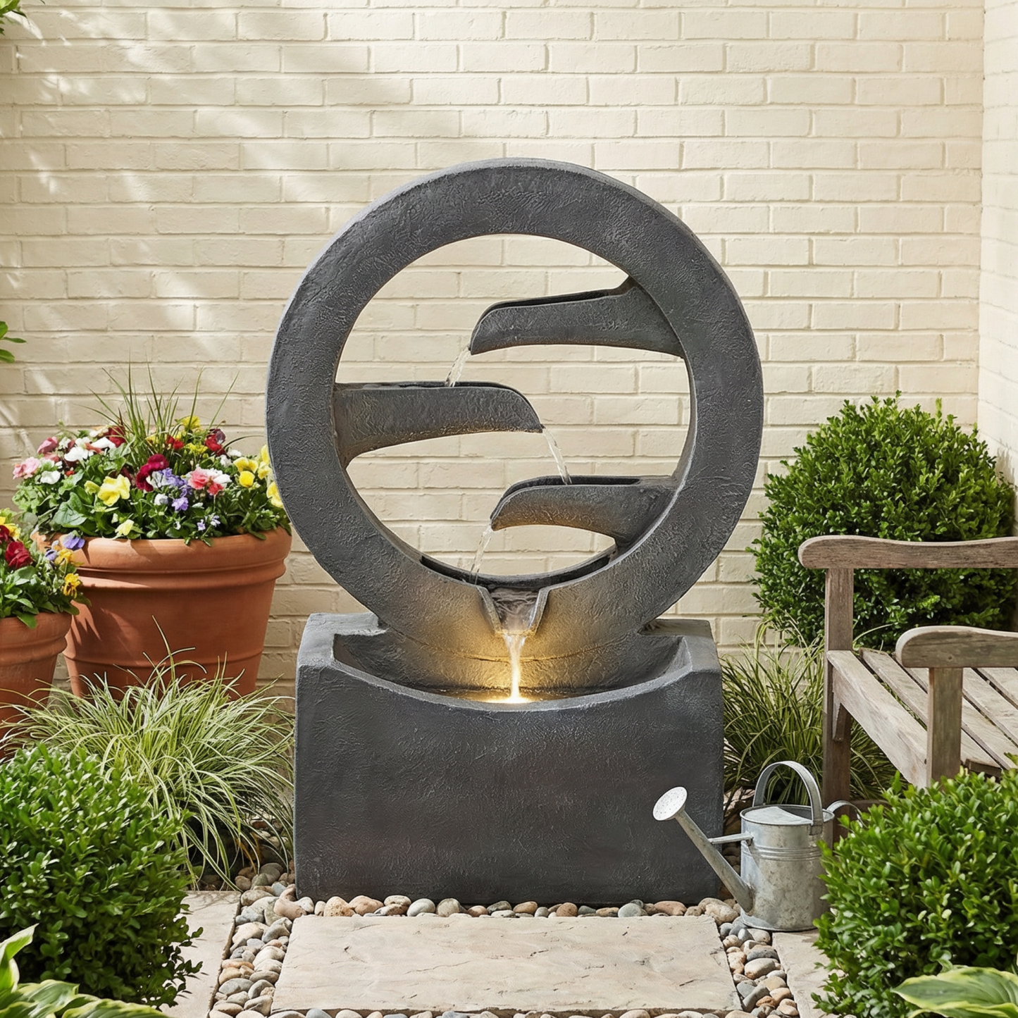 Gray circular polyresin outdoor water fountain with LED light 26.77'H on Tampa Home & Garden Store