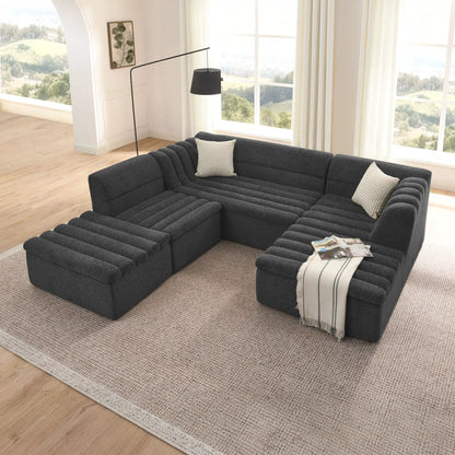 U-shaped modular sectional sofa with chaise and movable ottoman in dark charcoal gray fabric, wave-arm design, 2-piece set Unique Piece Furniture on Tampa Home & Garden Store
