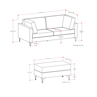 Ava Mid Century Modern Sofa and Ottoman Set