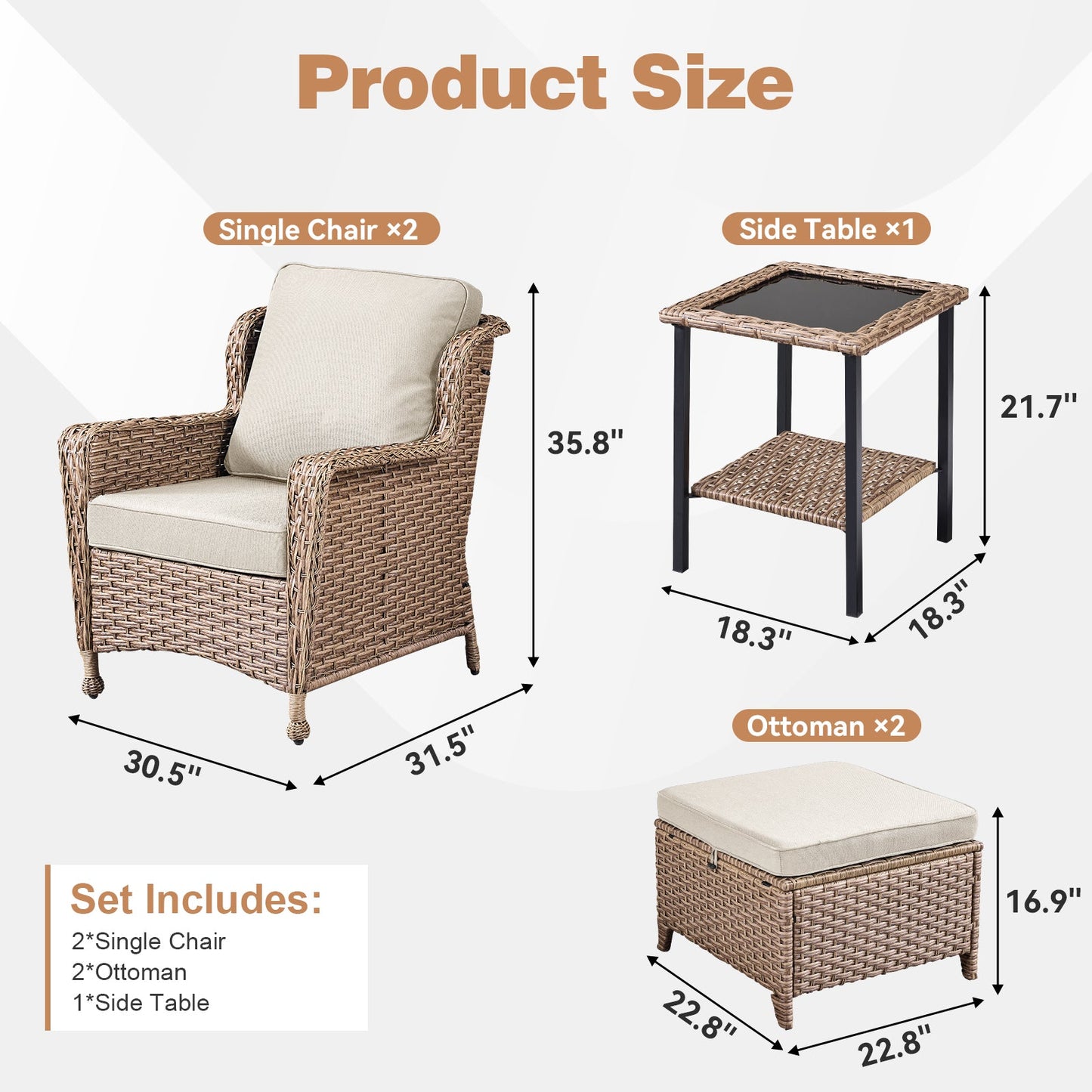 5-Piece outdoor wicker lounge set with beige cushions: 2 chairs, 1 side table, 2 ottomans on Tampa Home & Garden Store