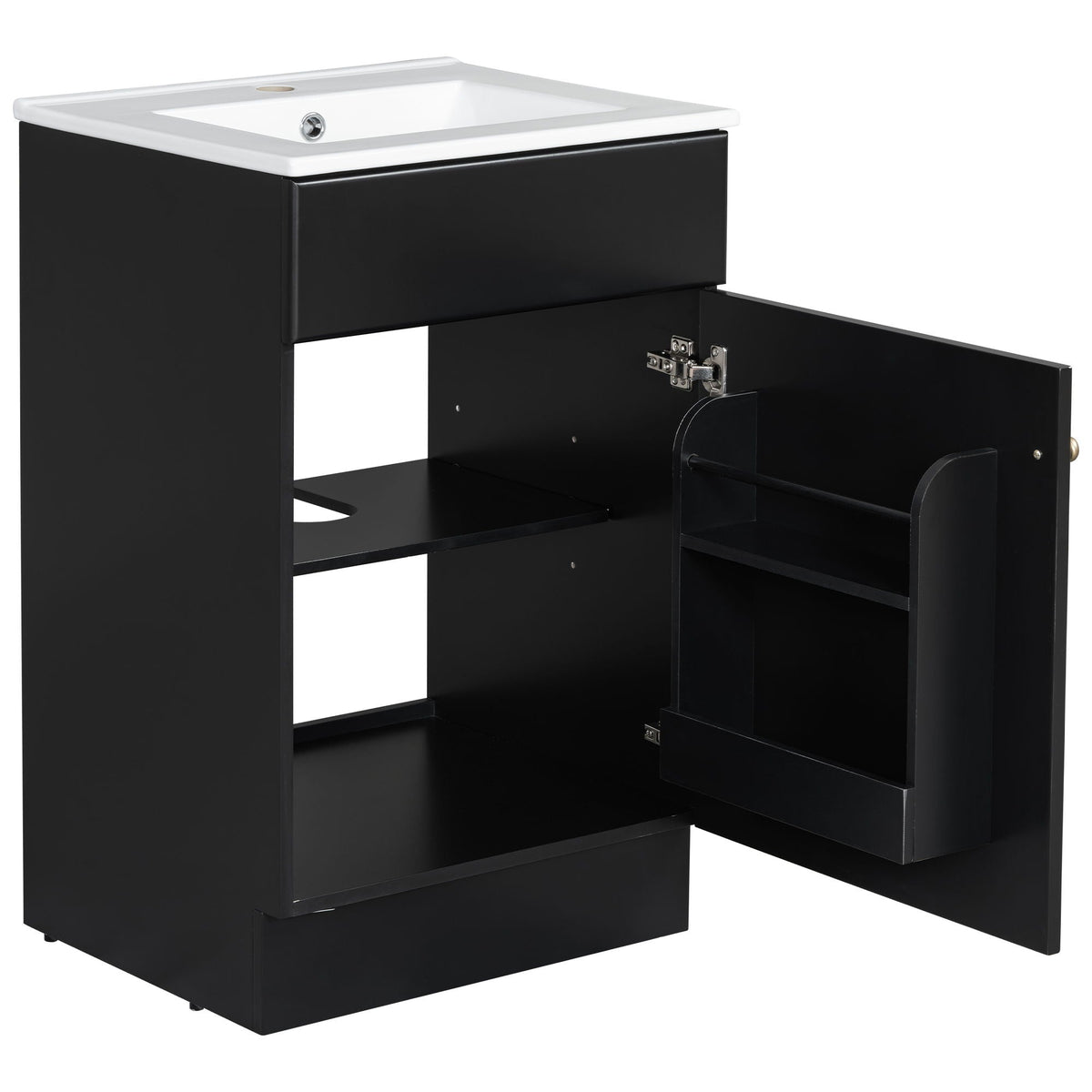Bathroom vanity with white sink top, black frame, open cabinet with adjustable shelf on Tampa Home & Garden Store