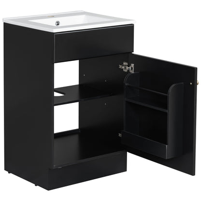 Bathroom vanity with white sink top, black frame, open cabinet with adjustable shelf on Tampa Home & Garden Store