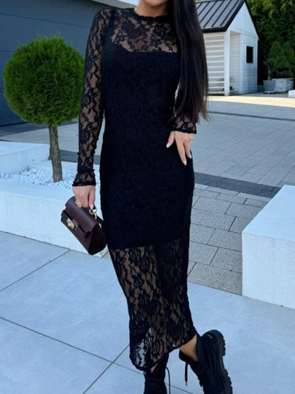 Stevvex black lace round-neck long-sleeve midi dress with floral overlay on Tampa Home & Garden Store