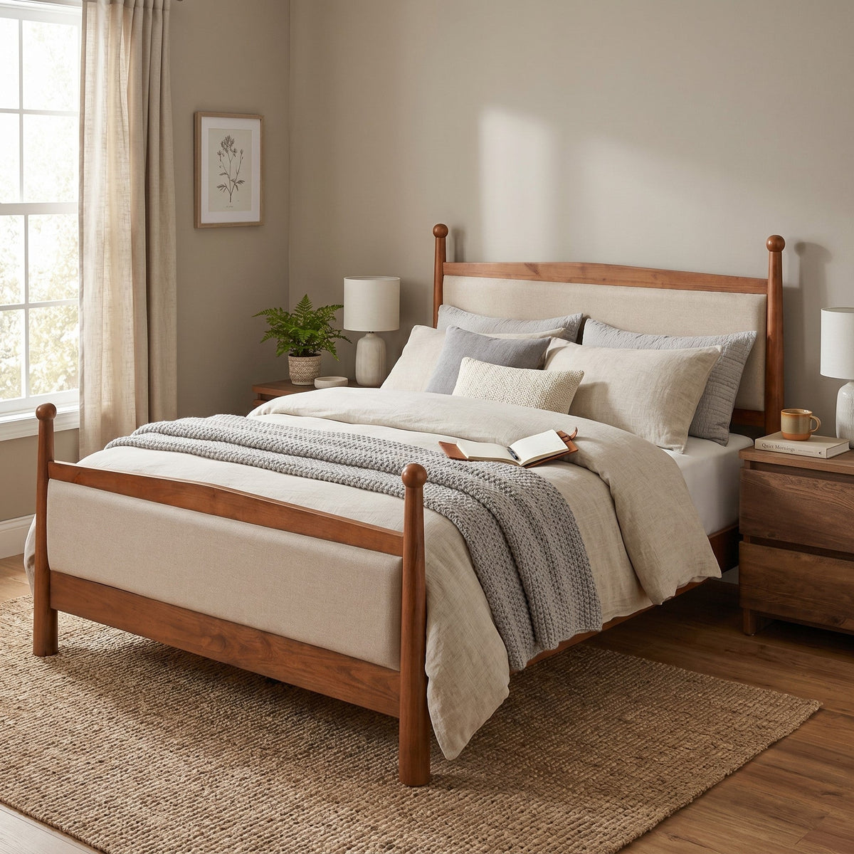 Queen Upholstered Platform Bed with Wood Slats