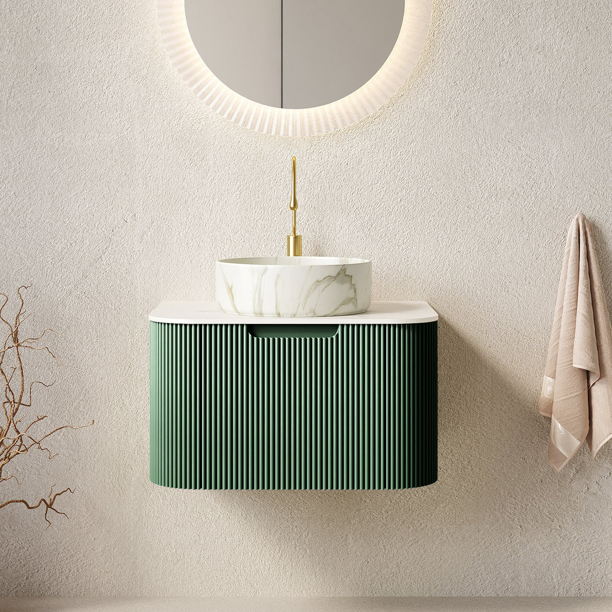 Dina 24 Inch Vanity with Ceramic Basin by HouseOfZazla; green ribbed cabinet, marble sink on Tampa Home & Garden Store