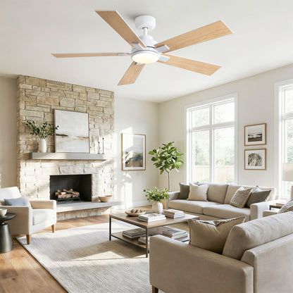Ceiling fan with integrated LED light by HouseOfZazla; white housing, natural wood blades on Tampa Home & Garden Store