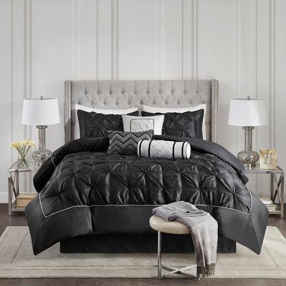 7 Piece Tufted Comforter Set and Black King Bed