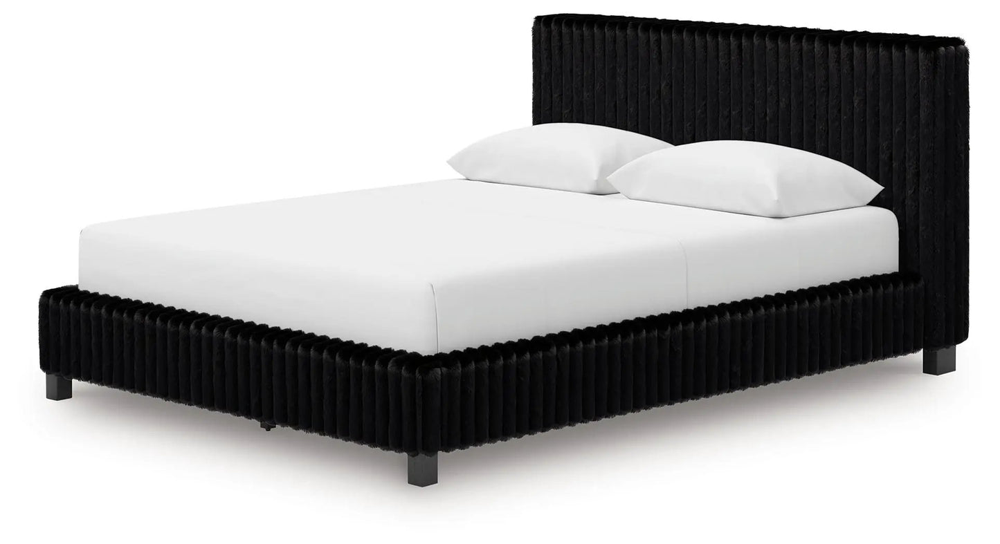 Zuraleus Upholstered Bed by Unique Piece Furniture, black velvet with channel tufting on Tampa Home & Garden Store