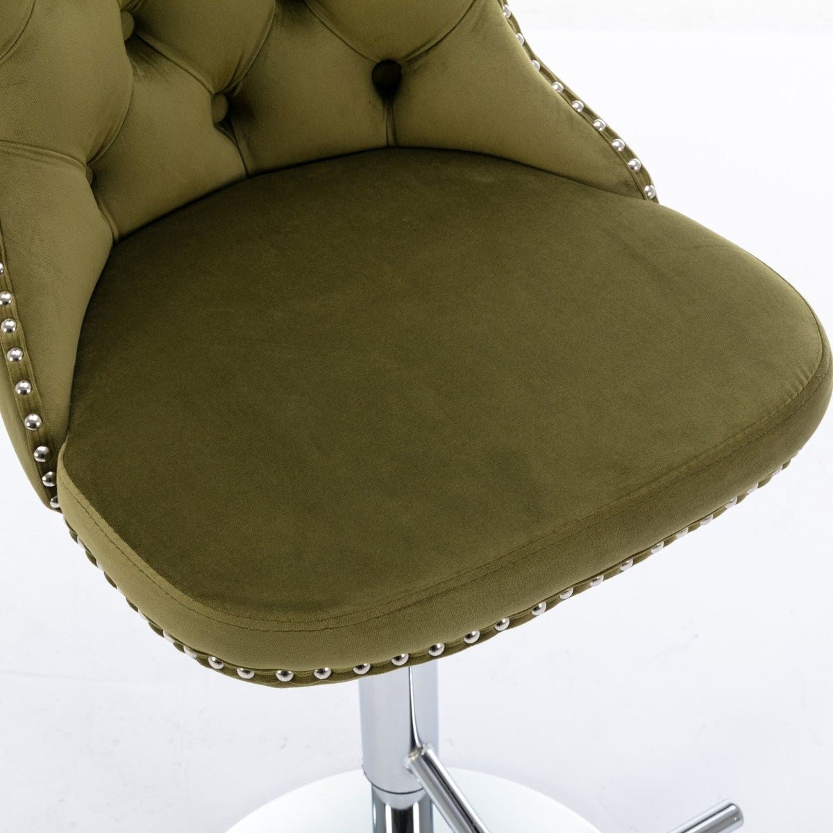 Barstools set of 2 swivel adjustable height, olive green tufted upholstery with chrome base on Tampa Home & Garden Store