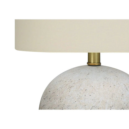 Table lamp lighting with beige fabric drum shade brass stem and speckled stone base on Tampa Home & Garden Store